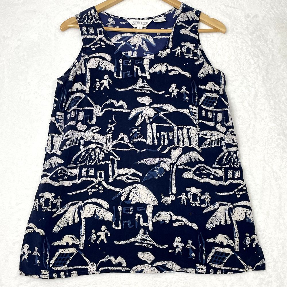 Sunny Leigh SILK  Sleeveless Tunic Tank Top‎ VTG Blue Tropical Island Size Large